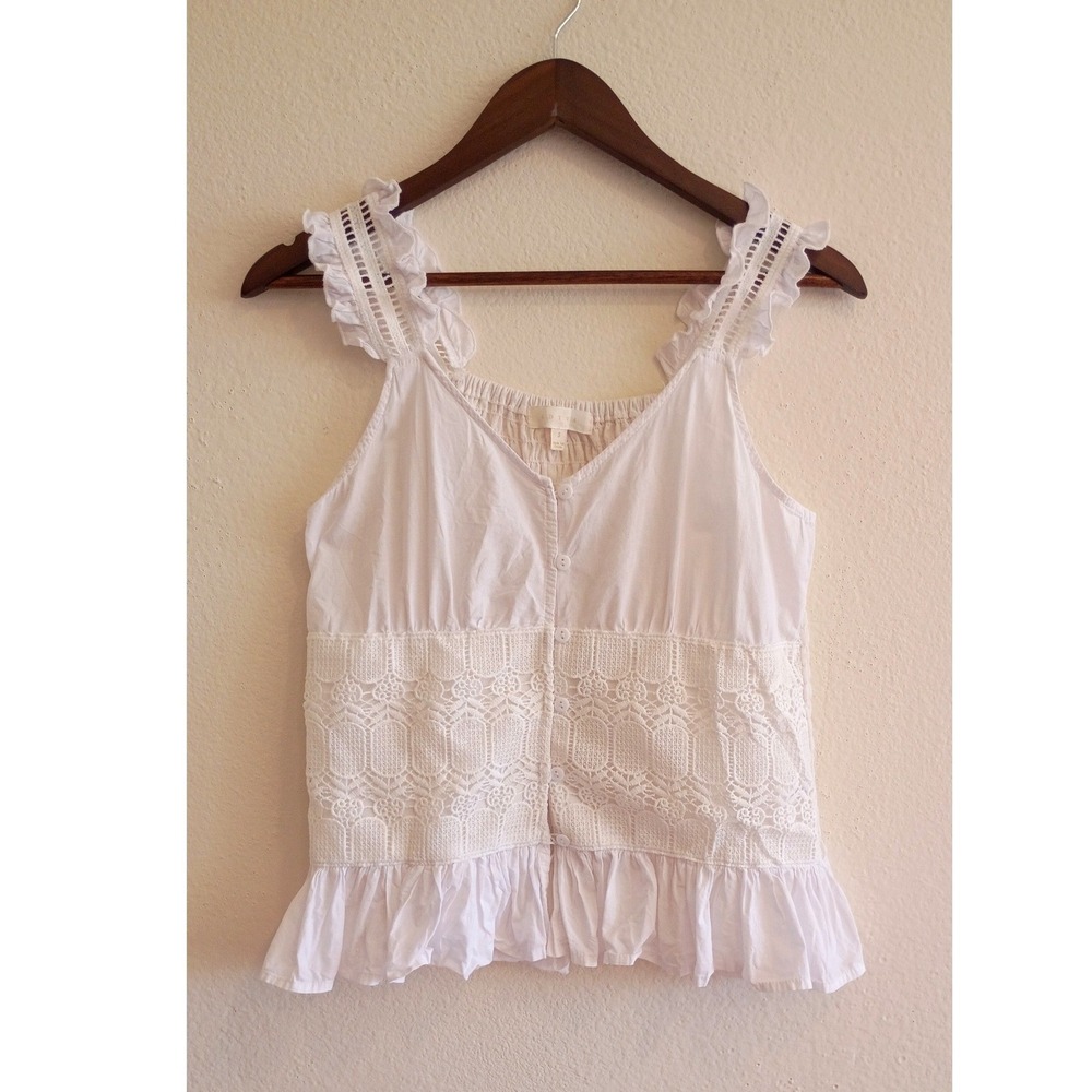 White Lace Peplum Tank Top Smocked Back Ruffle Strap Boho Blouse S Peasant